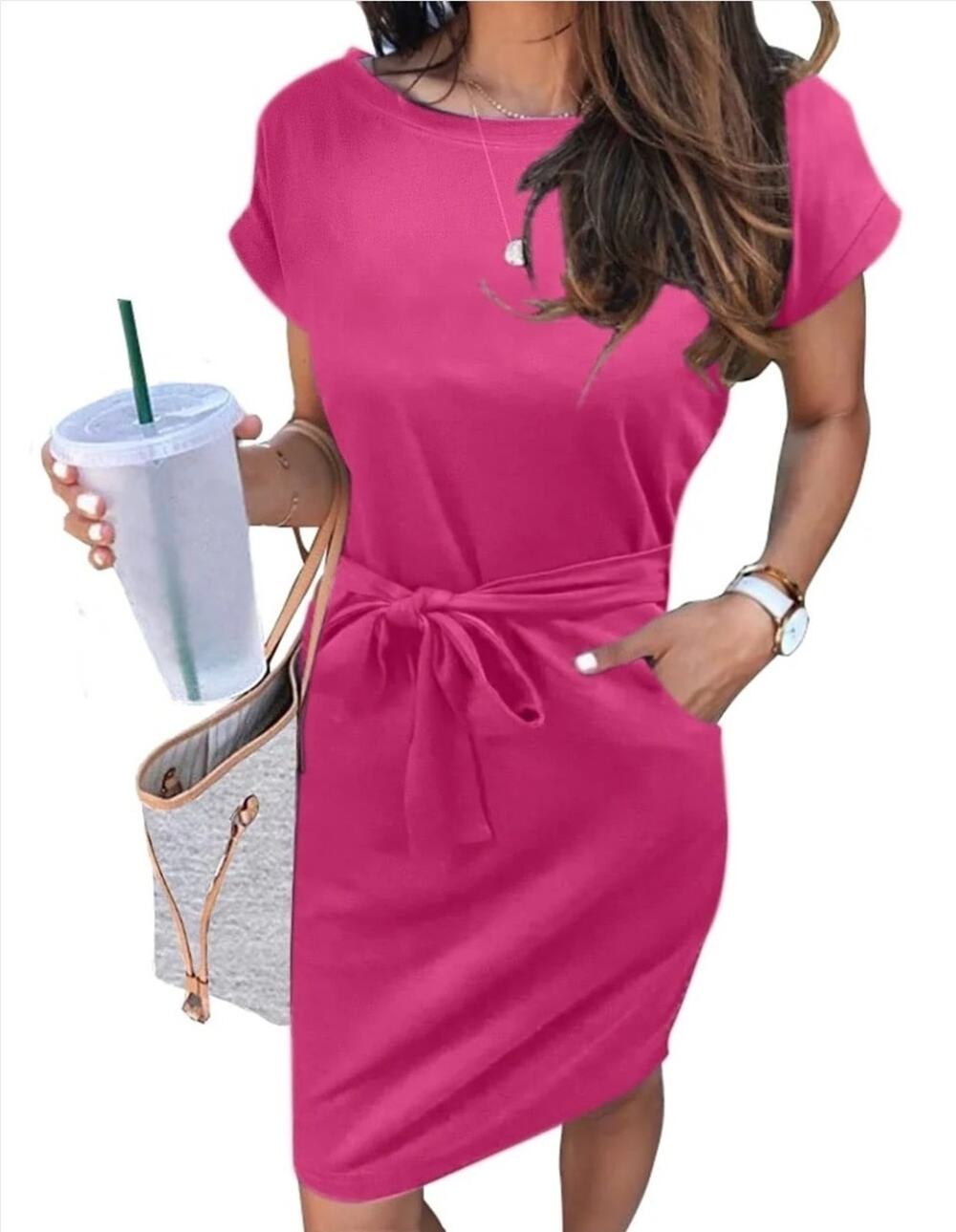 MEROKEETY Women's Spring Summer Pink Rose Short Sleeve T Shirt Dress Size M